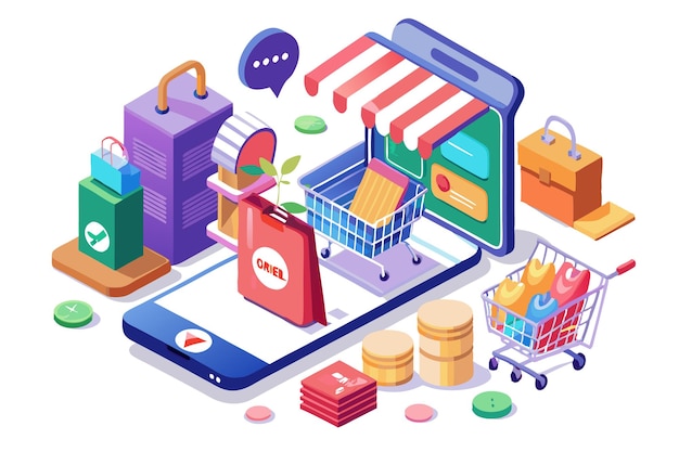 Vector isometric illustration of an online shop with a smartphone shopping cart and other elements