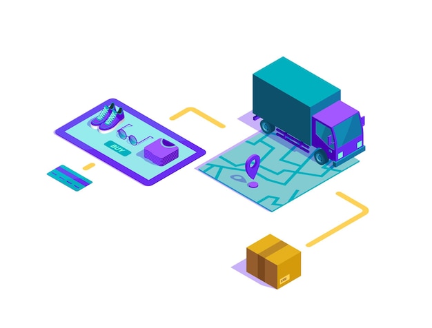 isometric illustration of online shopping process