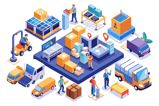 Vector isometric illustration of a warehouse with delivery trucks workers and boxes