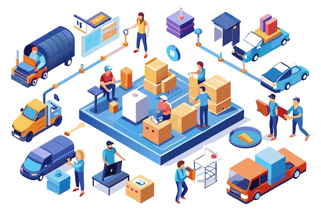 Vector isometric illustration of a warehouse with delivery workers trucks and parcels