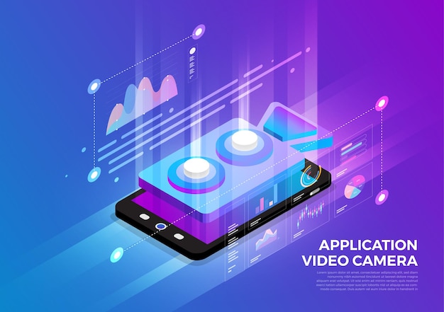 Vector isometric illustrations design concept mobile technology solution on top with video camera application