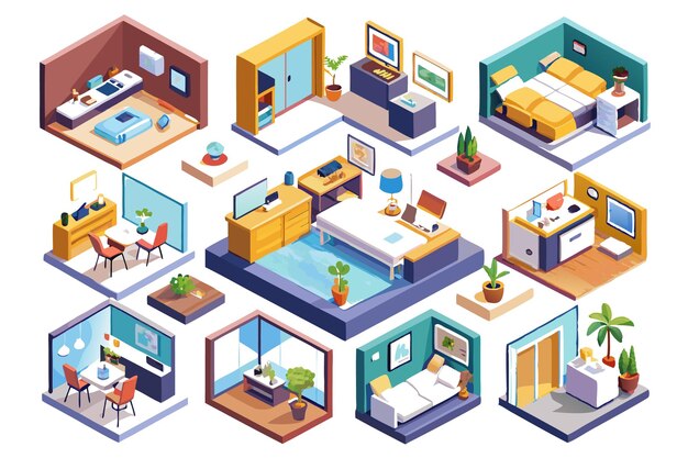 Vector isometric illustrations of different rooms in a house kitchen bedroom living room bathroom and home office