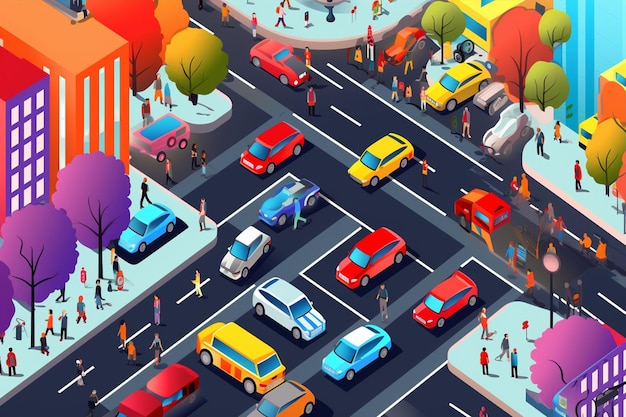 Vector isometric image of traffic with cars