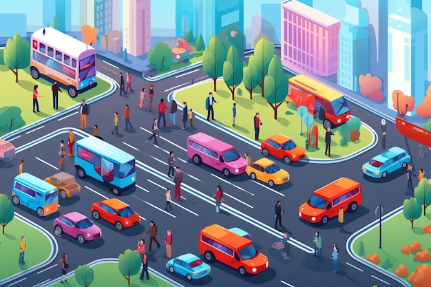 Vector isometric image of traffic with cars