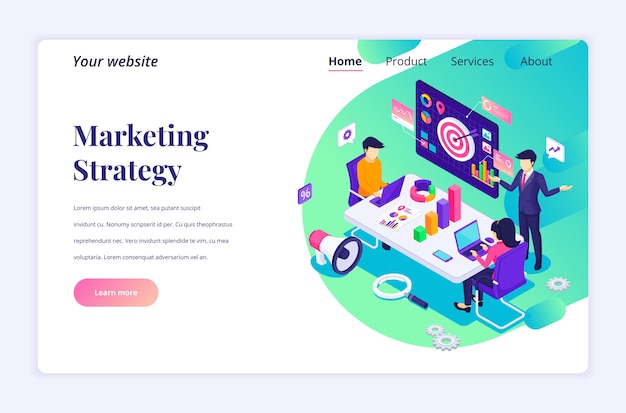 Vector isometric landingpage  concept of marketing strategy, business people in meeting or discussion