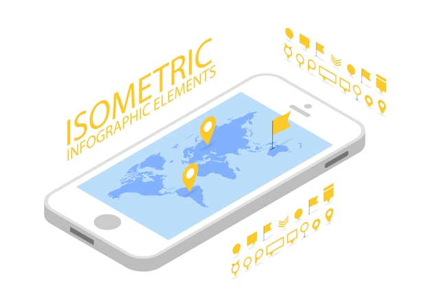 Vector isometric mobile gps navigation concept, smartphone with world map application and marker pin pointer