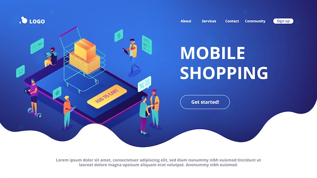 Vector isometric mobile shopping online landing page.