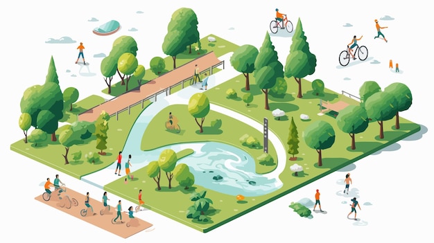 Vector isometric park illustration with bicycle and tree