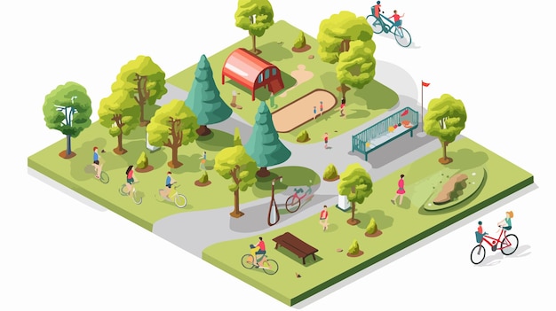 Vector isometric park illustration with bicycle and tree