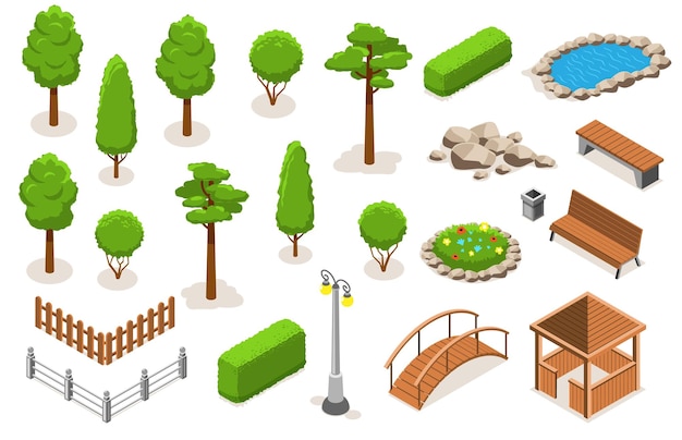 Isometric park landscape elements icon set with trees bushes flower bed pond gazebo bridge different types of benches fences and street lamps vector illustration