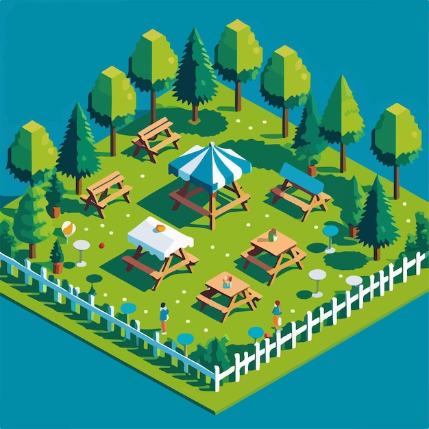 Vector isometric park with picnic and rest facilities