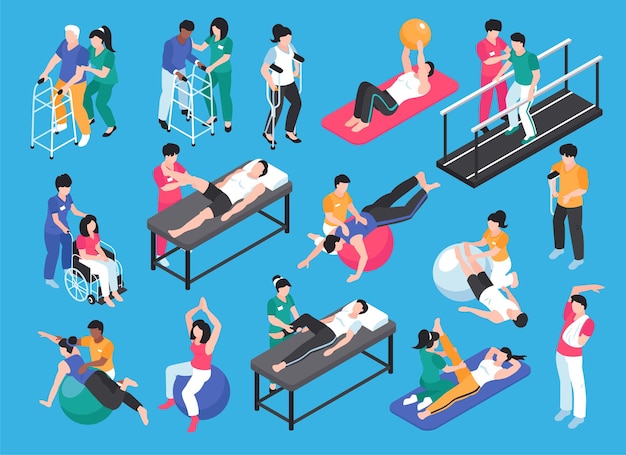 Vector isometric physiotherapy set with isolated icons and images of people doing exercises with help and assistance vector illustration