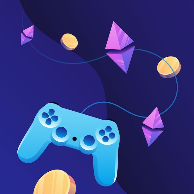 Isometric Play to Earn Illustration Graphic Joystick Rhombus and Cryptocurrency Coins