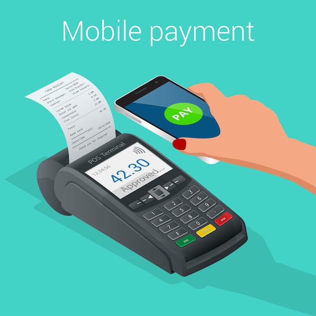 Isometric Pos terminal confirms the payment by smartphone. Vector illustration in flat design on blue background. NFC payments concept.