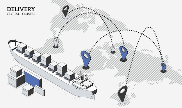 Vector isometric projection with a cargo ship, parcels, and a map with locations