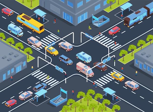 Vector isometric public transport city composition with view of streets intersection with heavy traffic cars and people vector illustration