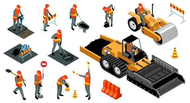 Vector isometric road repair set