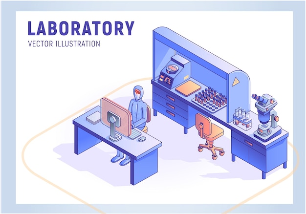 Isometric scientific laboratory interior with microscope tests and different medical equipment Researcher working with data