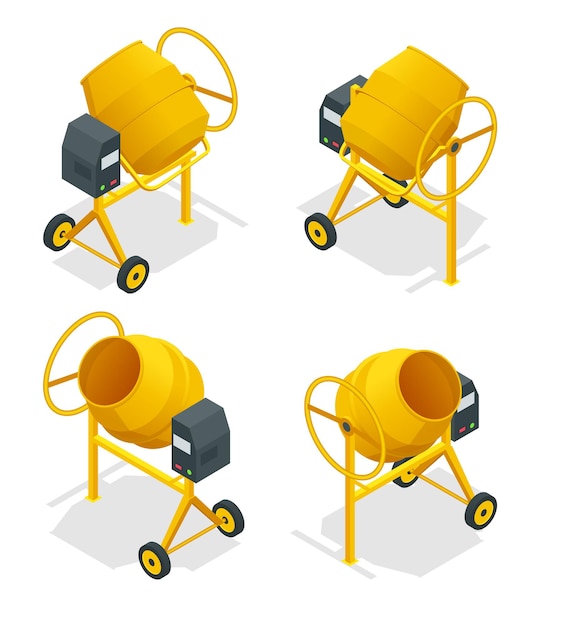 Vector isometric set of concrete mixer icon for web. cement mixer vector, pouring cement isolated white background.