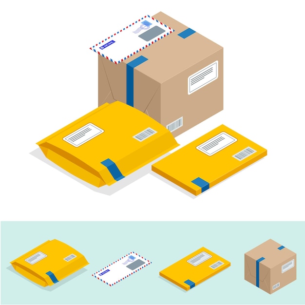 Vector isometric set of post office, attributes of postal service, point of correspondence delivery icons. postal services icon.