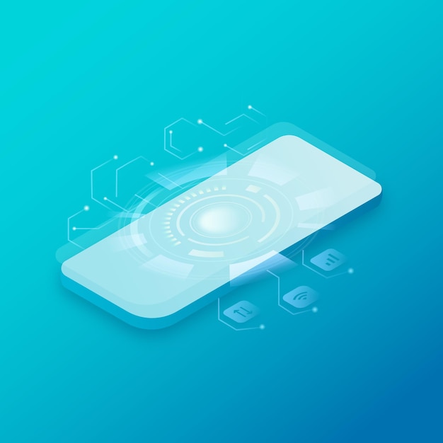 Vector isometric smartphone on blue background with virtual elements over screen