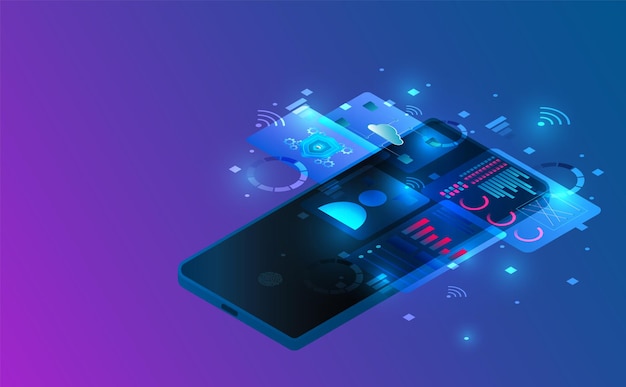 Vector isometric smartphone connection futuristic concept illustration