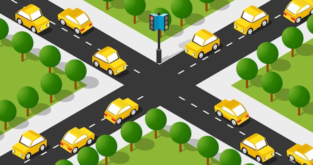 Vector isometric street crossroads 3d illustration of the city quarter with taxi cars