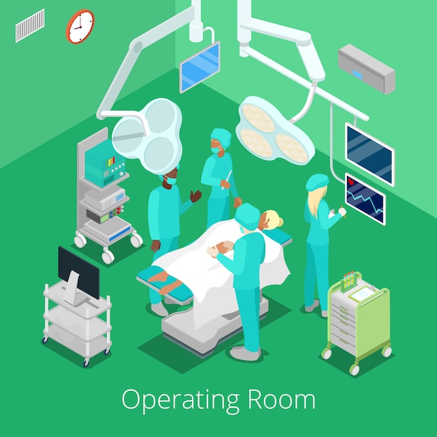 Vector isometric surgery operating room with doctors on operation process.