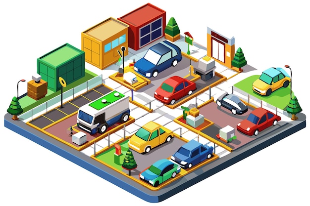 Vector isometric view of a city block with buildings cars and trees