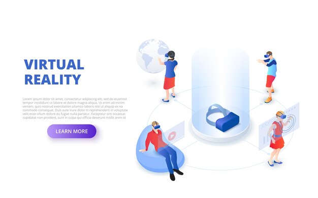 Vector isometric virtual reality design concept with glasses and people playing and learning