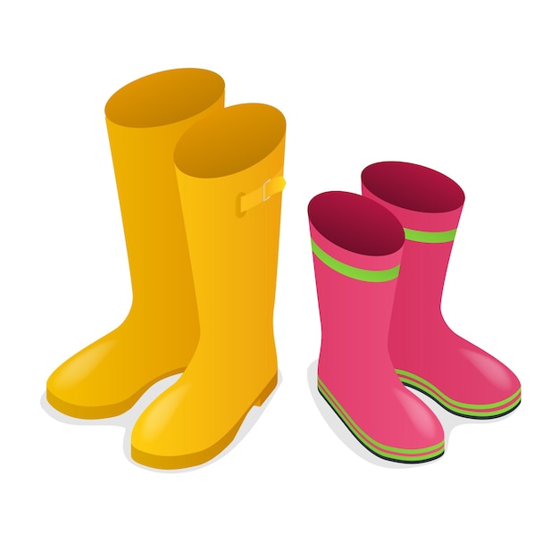 Isometric yellow and pink rubber boots isolated on white background