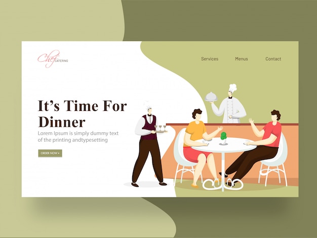 Vector it's time for dinner landing page  with chef serving, man and woman sitting at a restaurant table.