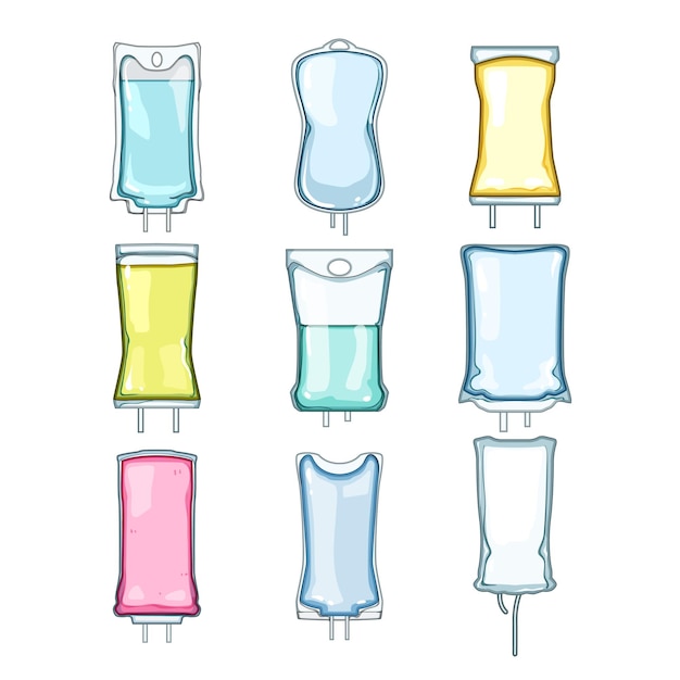 Vector iv drip bag set cartoon vector illustration