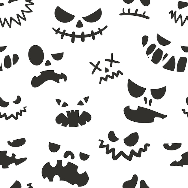 Jack face pattern Seamless Halloween texture of scary silhouette symbol with spooky head and angry emotions Black and white holiday background template Vector autumn celebration print