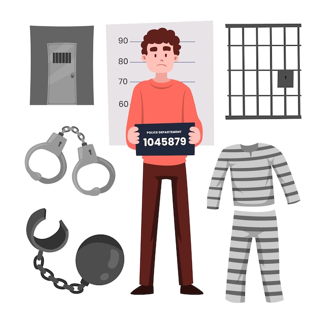 Vector jailer prisoner man objects collection set with handcuffs and suits