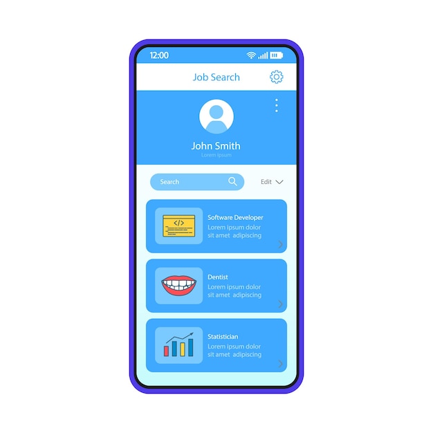 Job search app interface vector template. Mobile app interface blue design layout. Employee online profile. Career opportunities. Apply for a job. Resume. Flat UI. Phone display with vacancies list