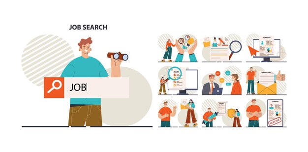 Vector job search set recruitment and personnel management concept