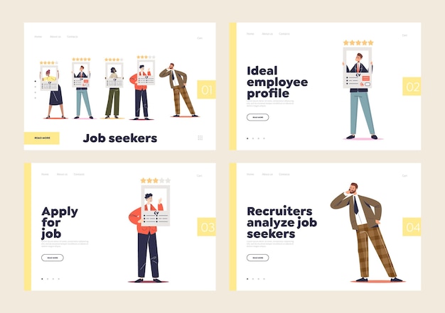 Vector job seekers and recruiters landing pages with employees holding resume cv applying for job position