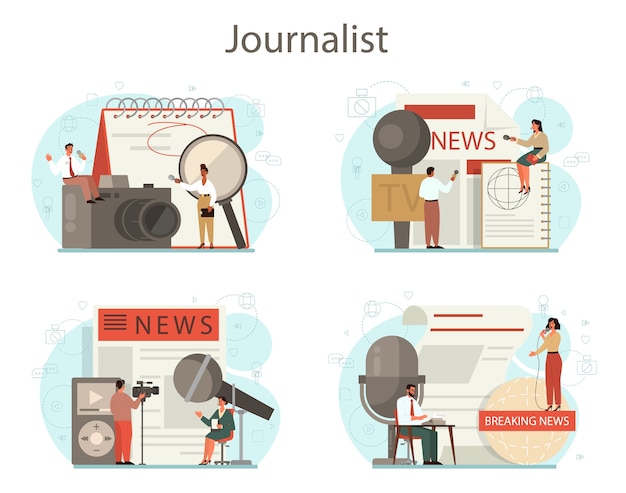 Vector journalist concept set. tv reporter with microphone. mass media profession. newspaper, internet and radio journalism. 