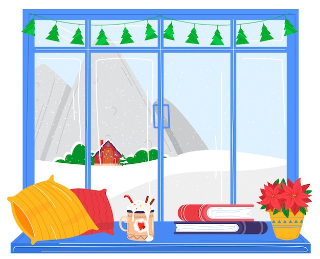 Vector joyful celebration christmas white snow outside window winter mood cozy home design cartoon style vector illustration