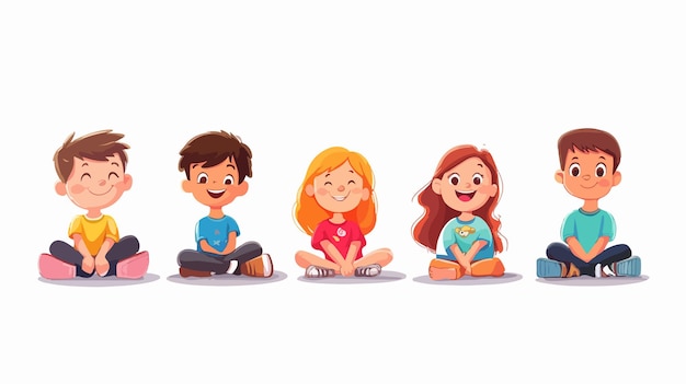 Vector joyful children sitting on ground outdoors smiling happily