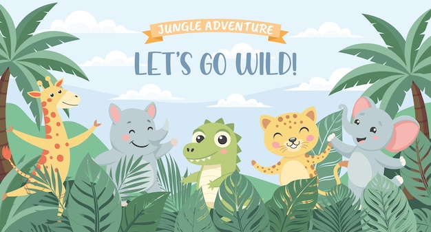 Vector jungle adventure zoo childrens animals safari background cute animals in the jungle illustration