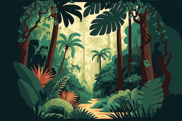 Vector jungle background vector flat color cartoon illustration bright jungle in the morning