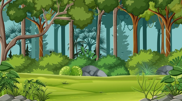 Jungle scene with various forest trees