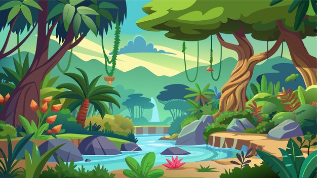 Vector a jungle with palm trees and a river with a waterfall in the background