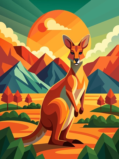 Vector a kangaroo hops across a vast grassy plain with distant mountains and a clear blue sky
