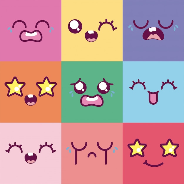 Kawaii cartoons multicolored emoticon set vector design