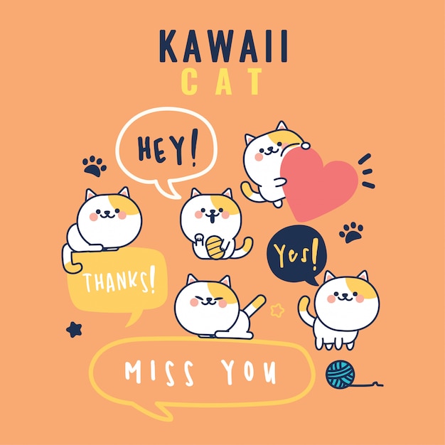 Kawaii Cute kitty  with  text expression collection