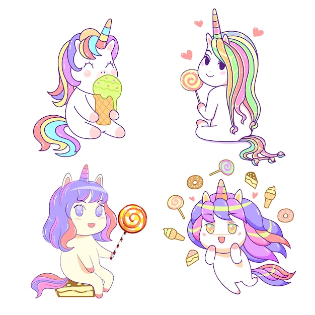 Kawaii cute unicorn friends with ice cream, sweet dessert pastel color, comic style set 