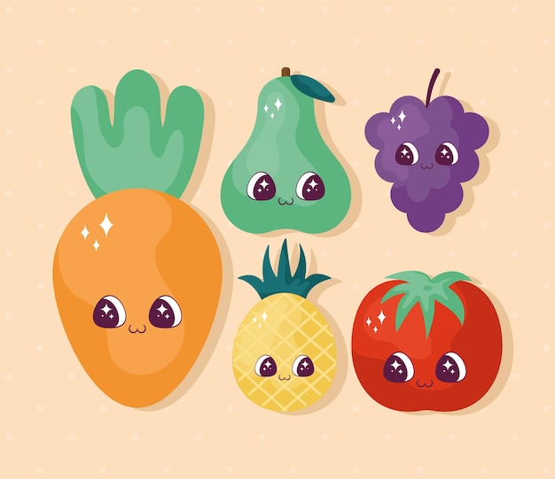 Kawaii fruits set